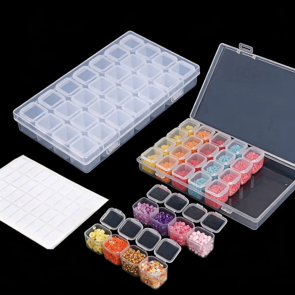 JOYSTRY 28 Grids Diamond Painting Bead Storage Container, Perler Beads Organizer for Nail Rhinestones, Craft Supplies & Small Accessories, 2 Pack with 200 Labels, Clear White