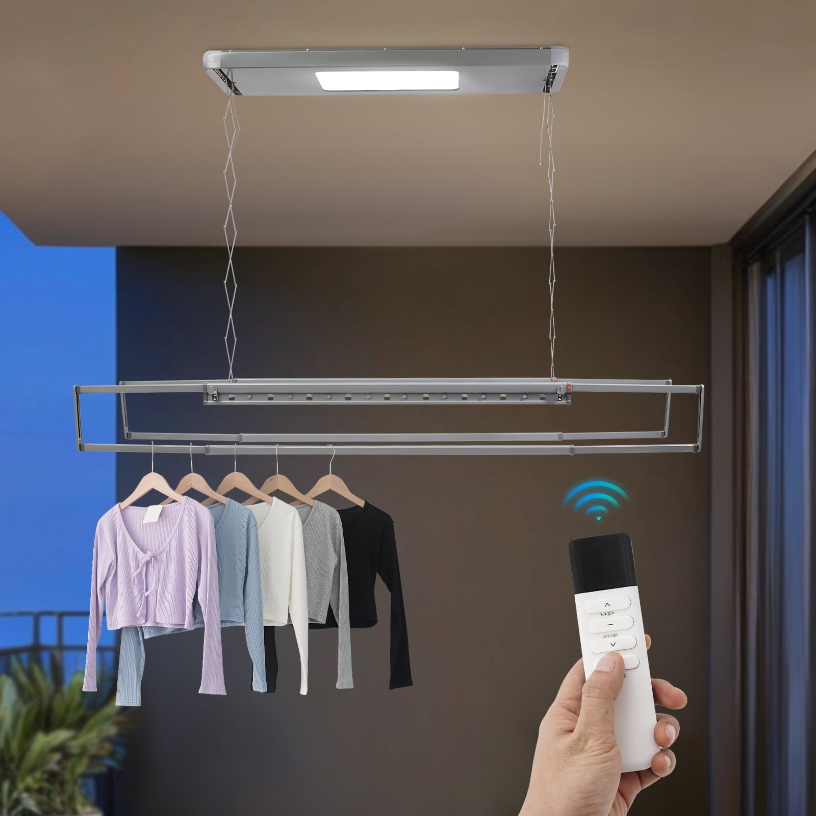 1 PCS Gray Electrical Airing Rack, Airing Rack with Remote Control, Electrical Airing Rack with Light, Overall Load-bearing Capacity: 35kg/77.16 lbs, 110V