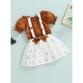 thumbnail image 3 of Qmyliery Toddler Girl Outfits Set, Ruffle Trim Short Sleeve Plain Off Shoulder Tops + Bowknot Suspender Love-heart Printed Mesh Skirt, 3 of 9