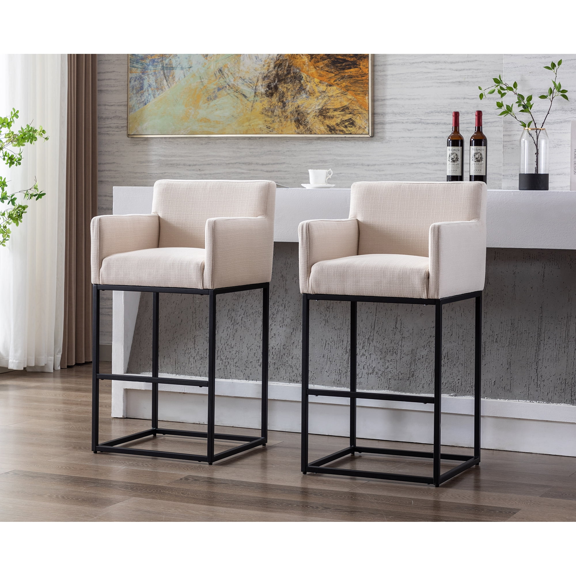 Guyou 30.75" Modern Bar Stools Set of 2, Linen Upholstered Counter Height Bar Stool with Back and Arms, Kitchen Island Stool with Black Metal Frame for Home Bar Restaurant, Cream