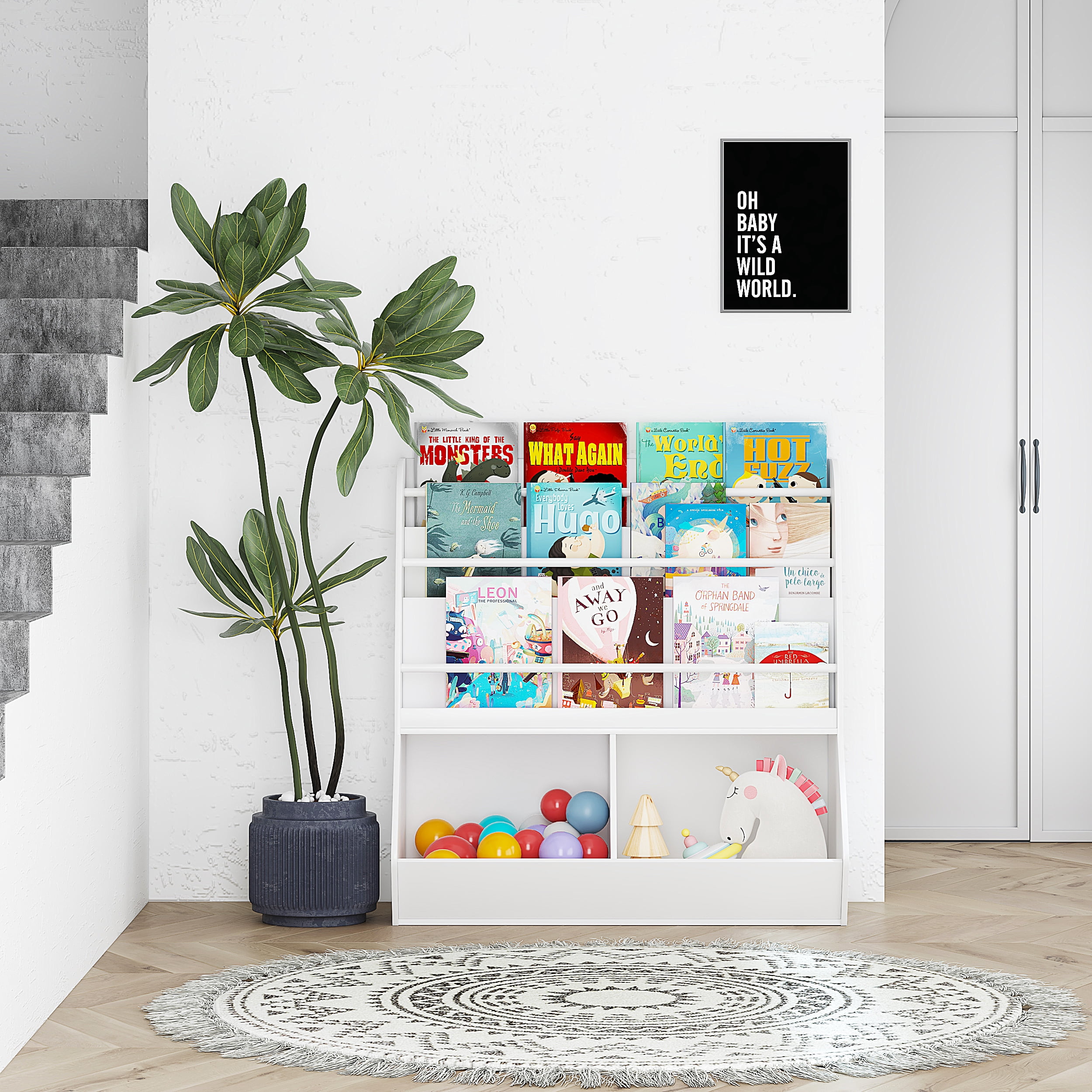 UTEX Kids Bookshelf, Wooden Toy Storage Cabinet Organizer Holder 2 Large Cubes,Children Bookcase Display Rack for Kids Room, Classroom, Nursery, Kindergarten (White Finish)