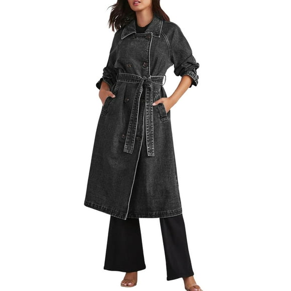 2025 Women's Vintage Midi Long Trench Coat Jean Jacket Loose Fit 2X Down Jacket Double Breasted Denim Jacket Women Windbreaker Trench Coat with