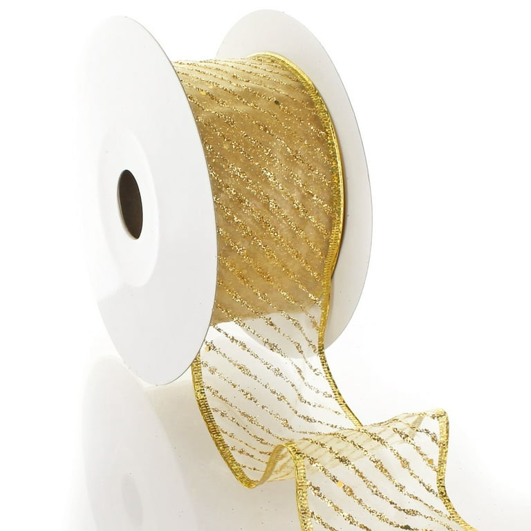 4 Mesh Wired Ribbon, White Gold