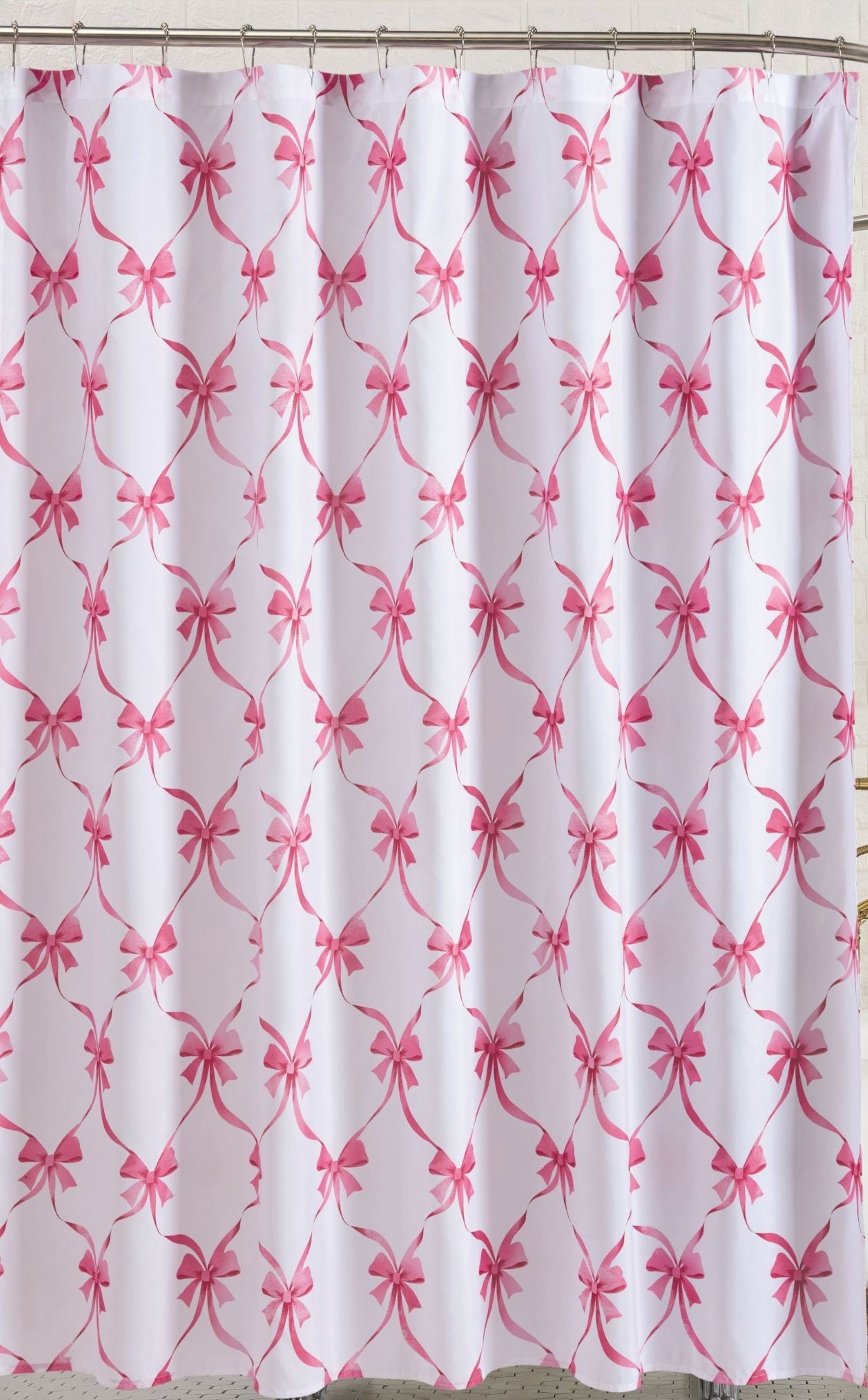 Modern Heirloom Abigail Bow Pink and White Microfiber Decorative Fabric Shower Curtain, 72” x 72"
