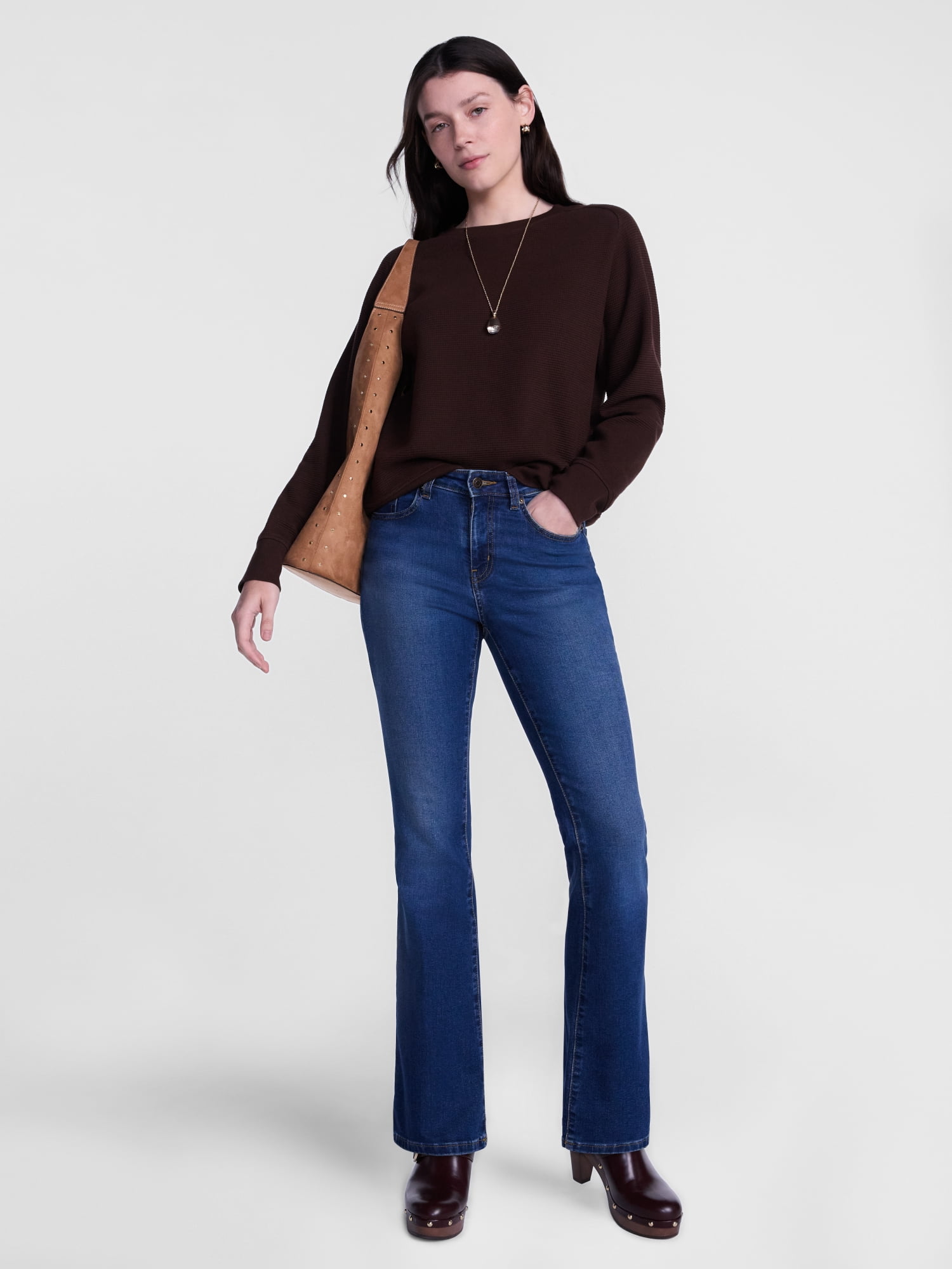 Scenario Women's Waffle Knit Crewneck Tee with Long Sleeves, Sizes XS-XXXL