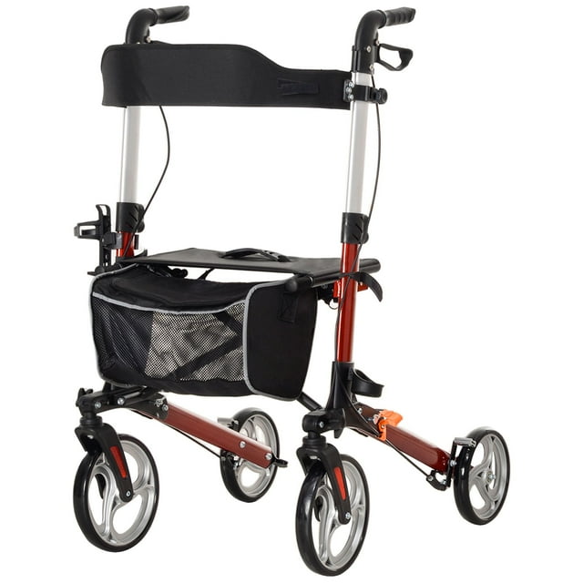 Déambulateur à Roulettes Pliant Léger avec Grand Siège, Dossier, Poignée Ajustable, Sac, Double Frein, Porte-Canne, Rouge