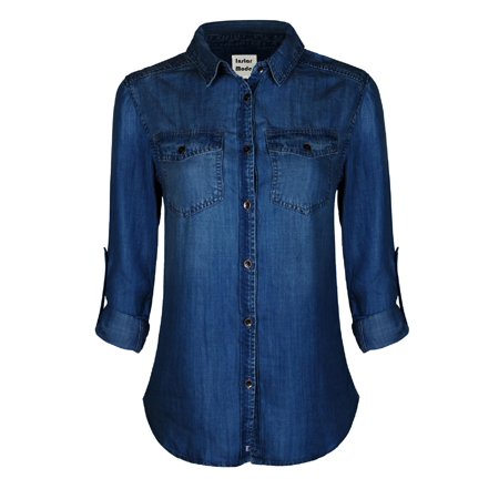 Made by Olivia Women's Basic Classic Long/Roll Up Sleeve Button Down Chambray Denim Shirt Tunic (S-3XL) Medium Denim