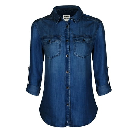 Timeless Down Vest - Made by Olivia Women's Basic Classic Long/Roll Up Sleeve Button Down Chambray Denim Shirt Tunic (S-3XL) Medium Denim M