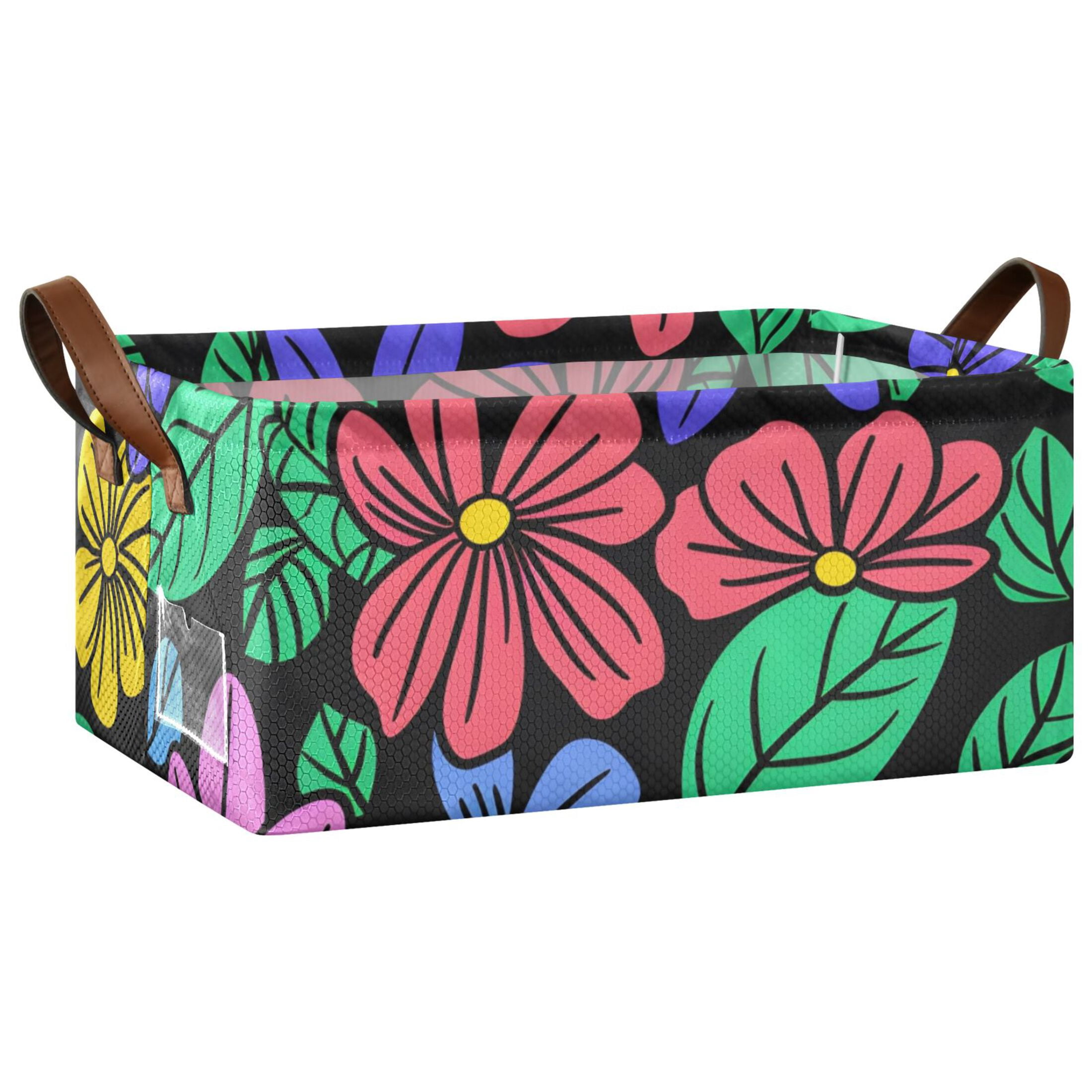 Flowers and Leaves Black Storage Bins with Handles Foldable Storage Baskets for Shelves Organizer Cloth Baskets
