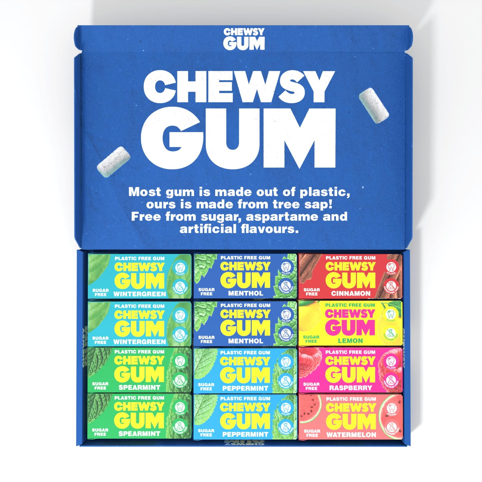 Chewsy Mixed Flavours Plastic Free Gum | Plant Based | Sugar Free | Aspartame-Free | Xylitol | Tooth Friendly | Vegan | Biodegradable | Natural Chewing Gum 12 Packs