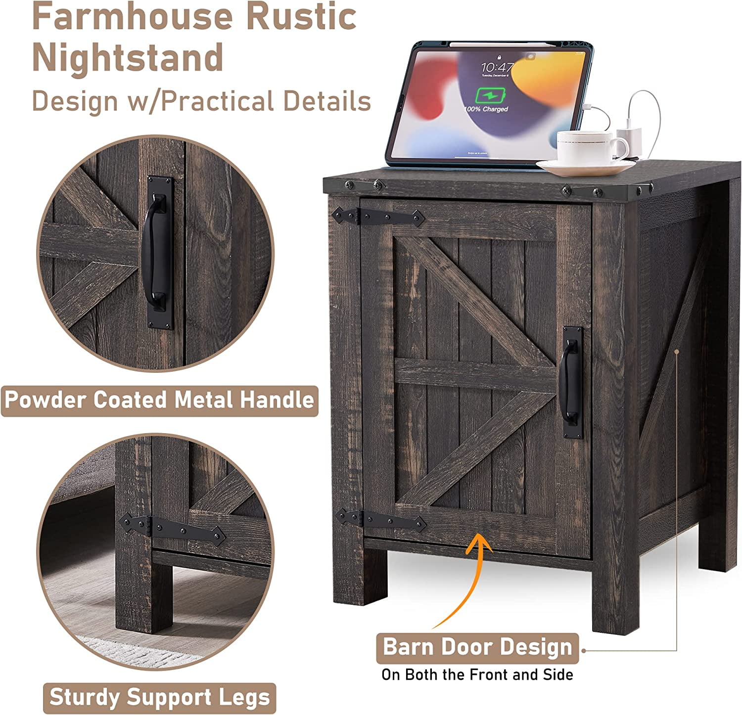 OKD End Table with Charging Station, Farmhouse Rustic Wood Side Table for Living Room, Bedroom, Dark Rustic Oak