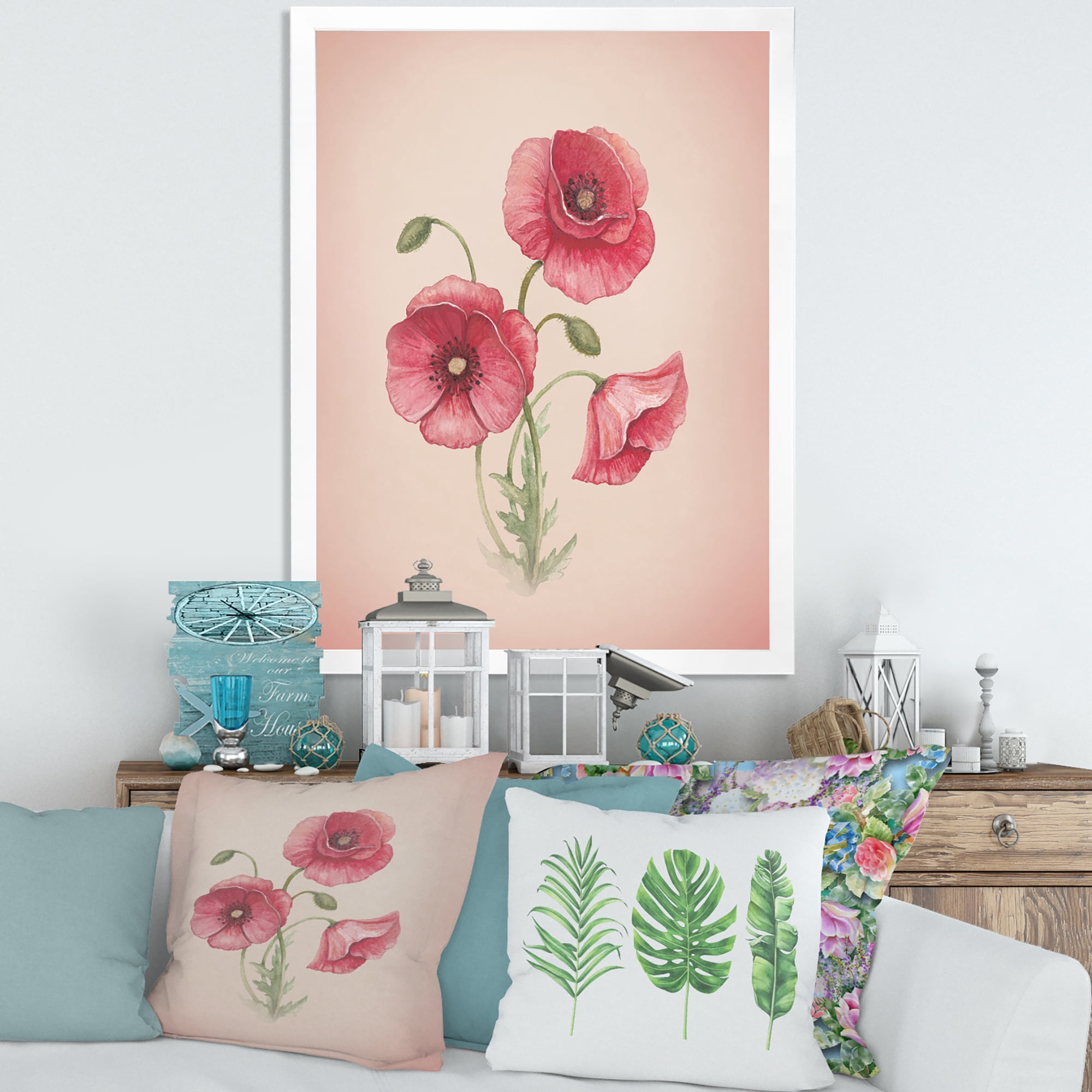 Designart 'Poppy Retro Flowers' Vintage Framed Art Print