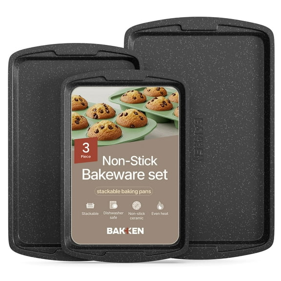 Bakken- Swiss Kitchen Baking Pan Set - Nonstick Coating, Commercial Grade Carbon Steel, Baking Kitchen Essentials, Oven Safe Tray (up to 450° F), Set of 3, Gray Marble