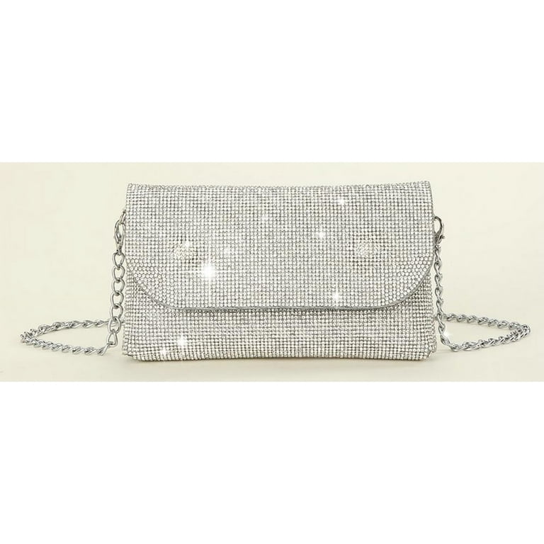 Kukuzhu Women Rhinestone Envelope Bag Sparkling Evening Handbag Silver Purse Bling Designer Chain Clutch for Prom Party Walmart