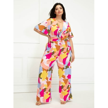 ELOQUII Elements Women's Plus Size Abstract Print Jumpsuit with Flutter Sleeves