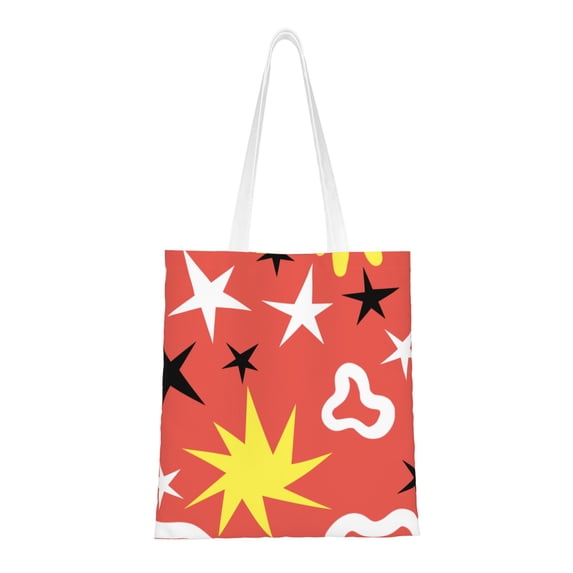 YFYANG Reusable Cotton Canvas Tote Shopping Bag, Red Geometric Star Pattern Washable Portable Grocery Bag for Daily Travel