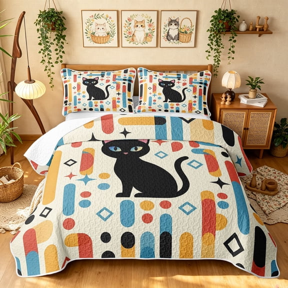 Manfei Mid Century Black Cat Twin Quilt Set, Boho Rectangle Twin Coverlet Set, Cream Red Blue, 2 Pieces, 1 Bedspread and 1 Pillowcase