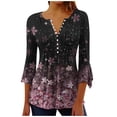 thumbnail image 1 of Pompotops Women's Casual Trumpet 3/4 Sleeve Printed Buttoned Basic Ruched Tops Pleated T-shirts Blouses Clearance, 1 of 5