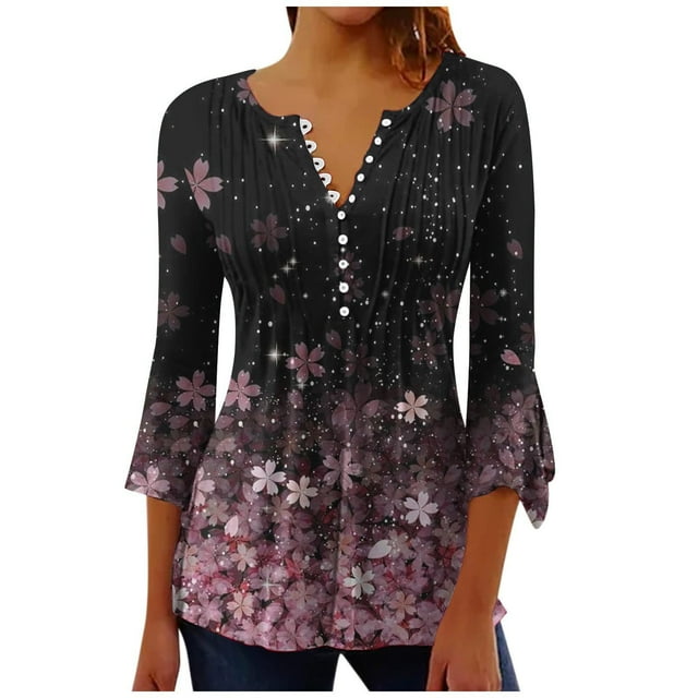 CEHVOM T-shirts Plissés Basiques à Manches 3/4 Trompette Imprimée Boutonnée pour Femmes en Solde