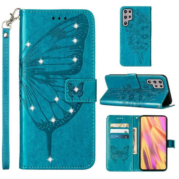 SaniMore Case for Samsung Galaxy S24 Ultra, PU Leather Luxury Embossed Butterfly Glitter Diamond [Wrist Strap & Card Slots & Flip Kickstand] Full-body Shockproof Wallet Cover, Blue