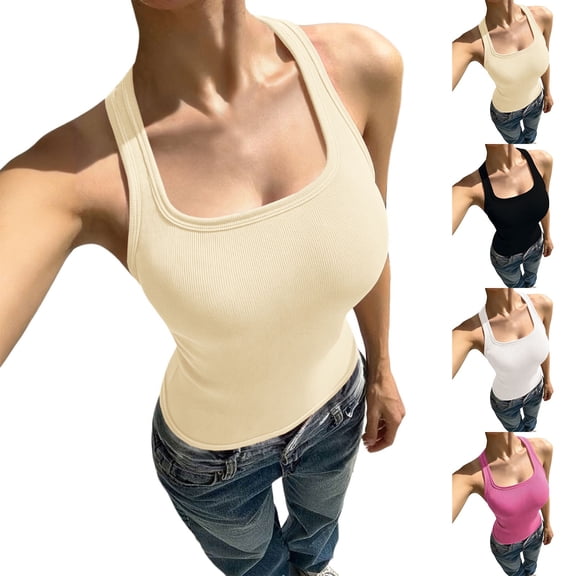 Women's Solid Color Tank Top with Built In Chest Bra
