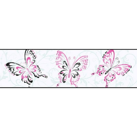 Lightning Mcqueen Wall Border - Butterfly and Scroll Wall Border, White/Black/Pink
