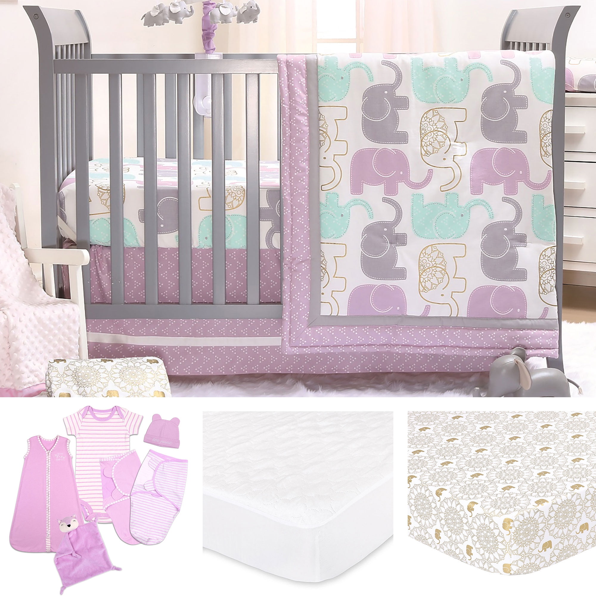 Little Peanut Lilac Gold Elephant Baby Girl Crib Bedding 11 Piece Sleep Essentials Set