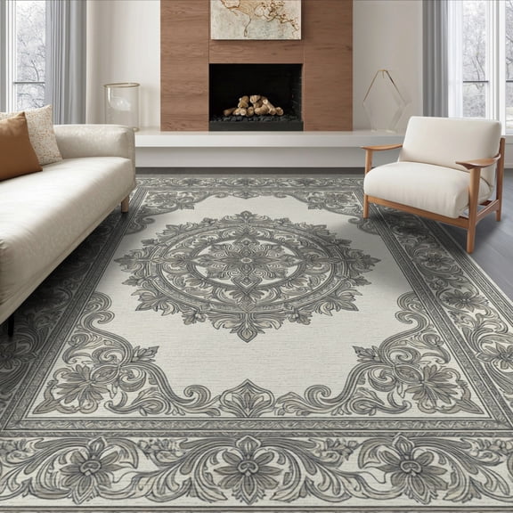 ODIKA 8'x10' Washable Area Rug Neutral Boho Distressed Scroll Ornate Border Ivory Grey Vintage Refined for King Size Bedroom Under Bed, Master Suite, Non-Shedding, Easy Care