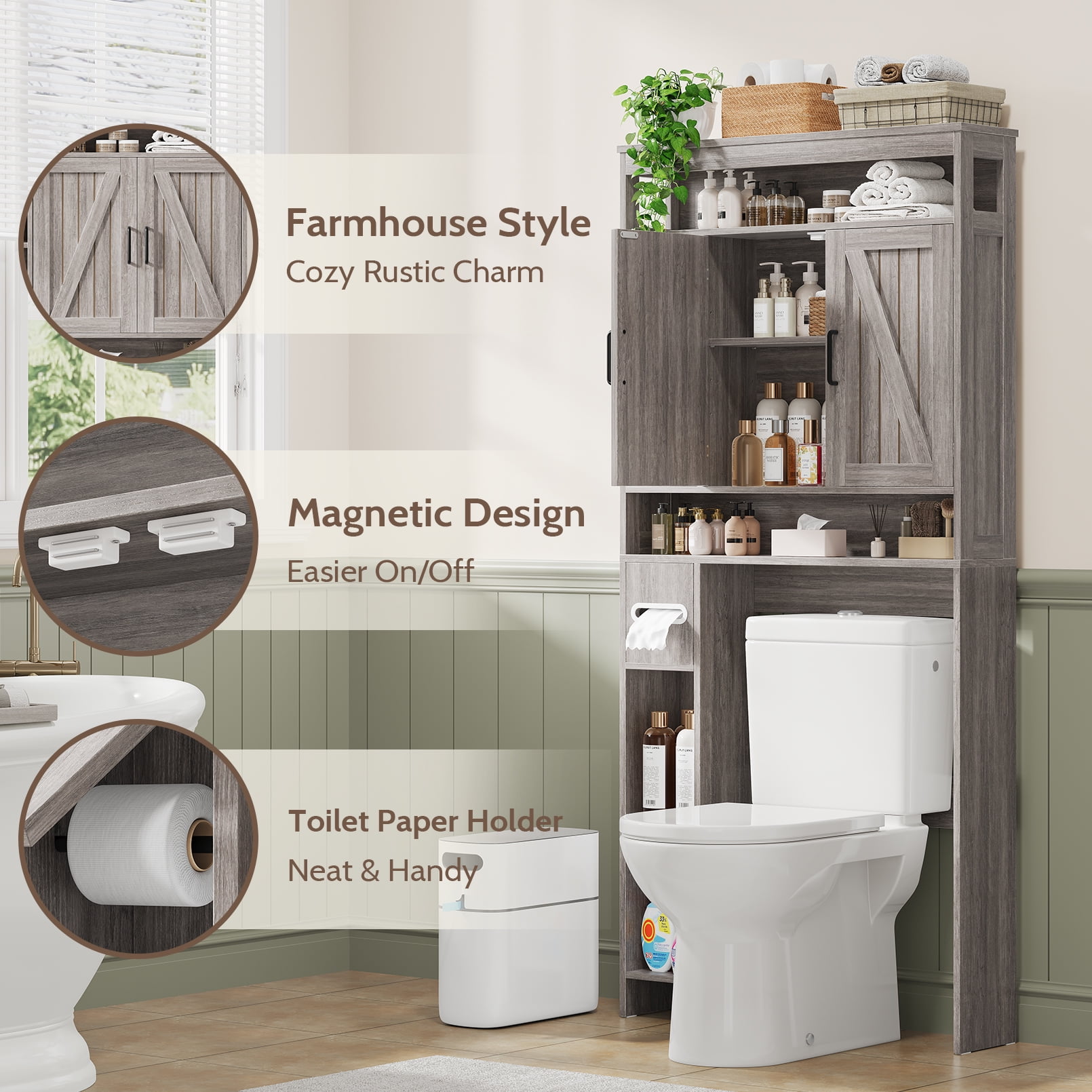 Vividwood Farmhouse Over-the-Toilet Cabinet with Soft Close Doors, Gray Wood