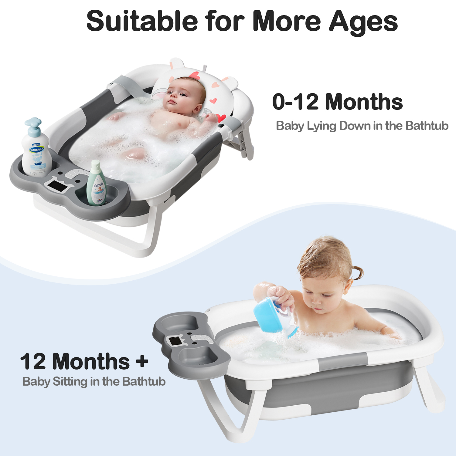 Aprpink Foldable Baby Bathtub with Thermometer, Gray photo 3