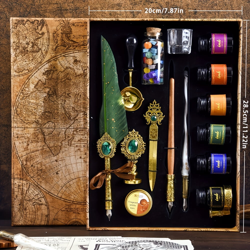 Halloween Vintage Quill Pen Set Calligraphy Glass Dip Pen Feather Pen Wax Seal Kit Multifunctional Letter Opener Reusable Writing Pen Ideal