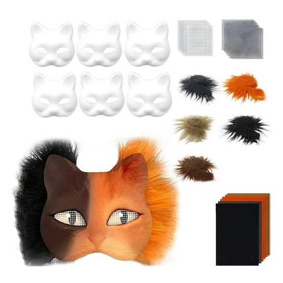 Xinwanna DIY Therian Masque Kit Cat Fox Animal Face Cushion with Fur Halloween Role-Playing Prop for Masquerade Carnival Cosplay Party Supplies (Type A)