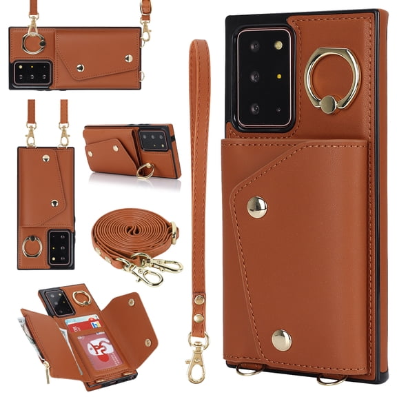 Allytechgroup Wallet Case for Samsung Galaxy Note 20 Ultra, RFID Blocking Crossbody Shoulder Strap Hand Wrist Cards Holder Ring Stand Bumper Drop Protection Phone Case for Girls Women, Brown