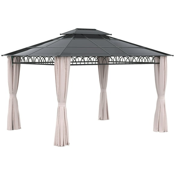 Outsunny 10' x 12' Double Roof Hardtop Gazebo with Nettings Curtains Khaki