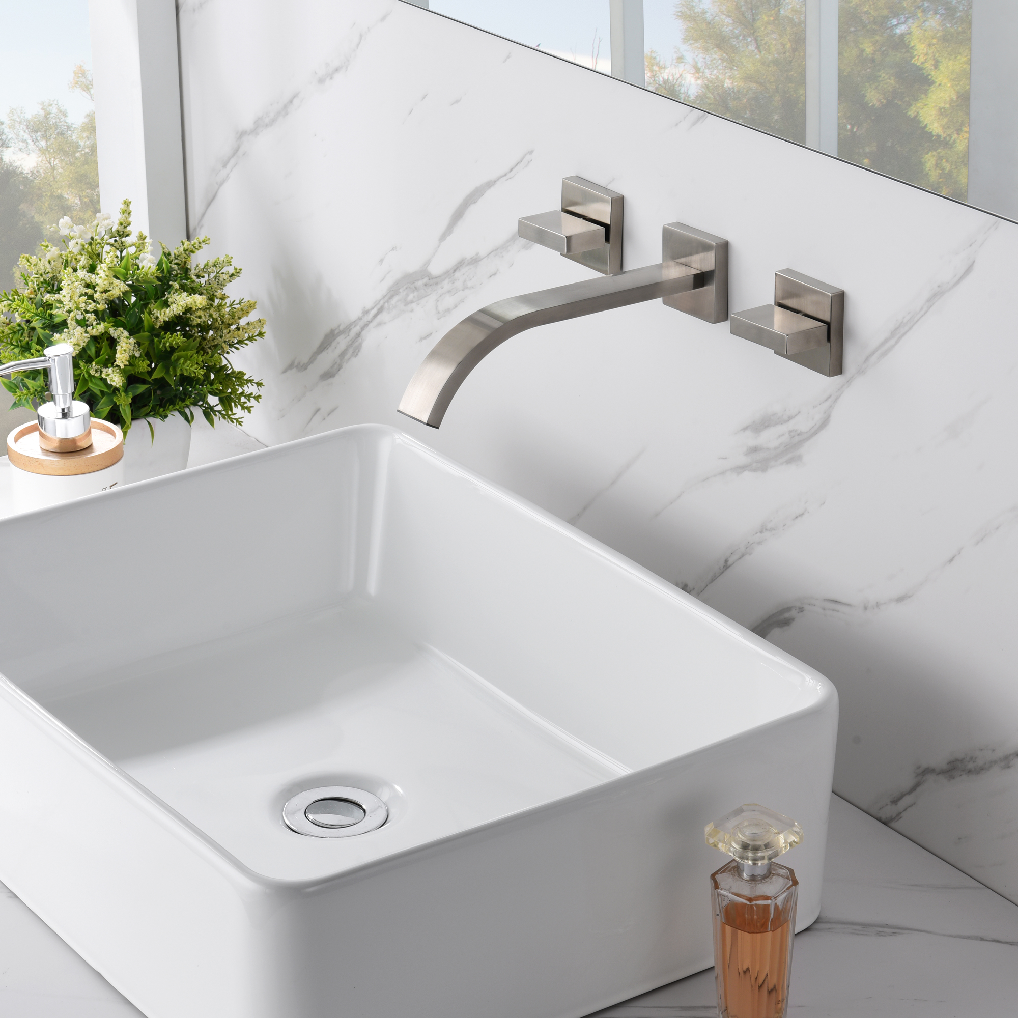 sumerain Brushed Nickel Bathroom Faucet Wall Mount Lavatory Faucet with Rough in Valve