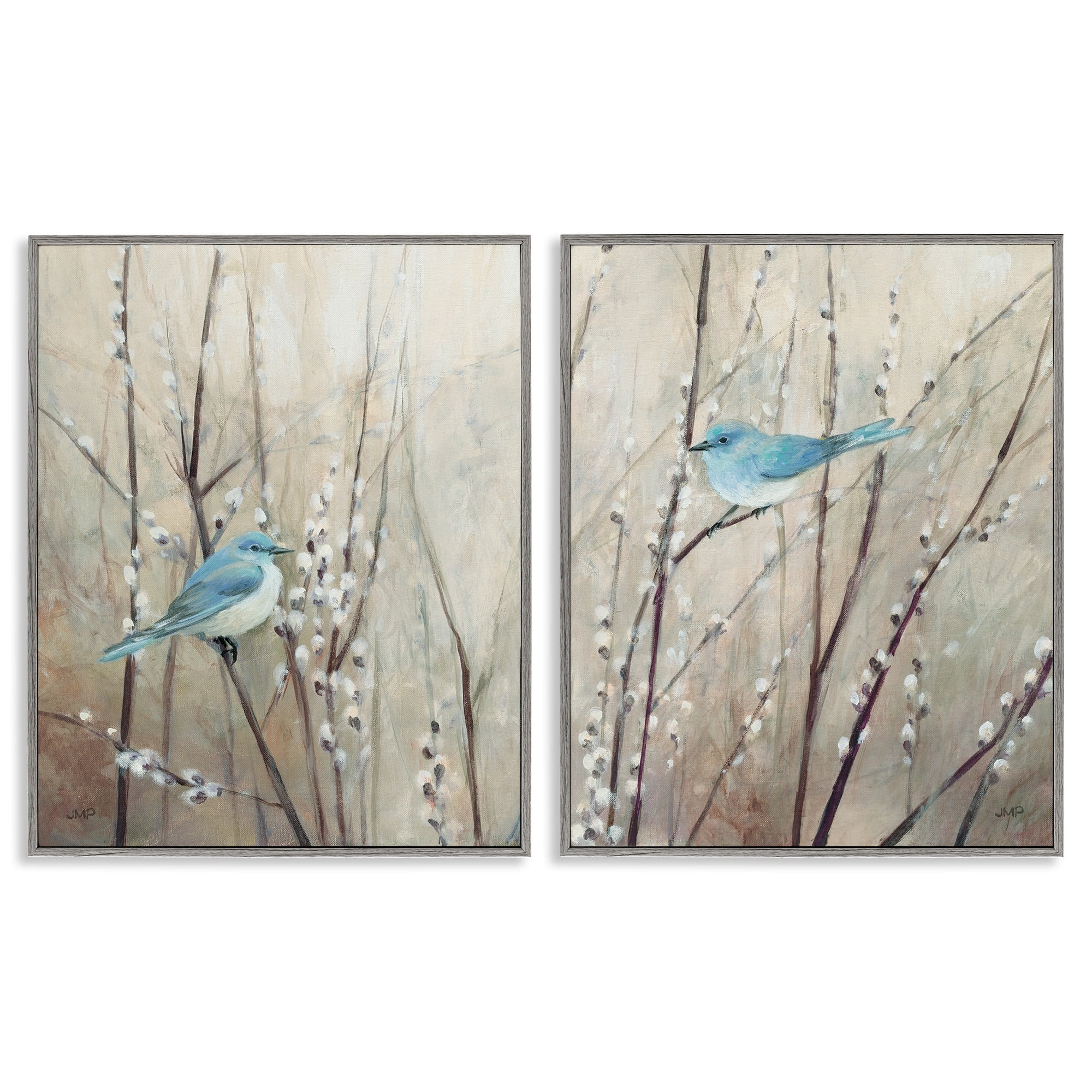 Stupell Industries Peaceful Perched Blue Birds Animal Nature Painting Framed Wall Art Design by Julia Purinton, 2 Piece, 16" x 20", Gray Framed