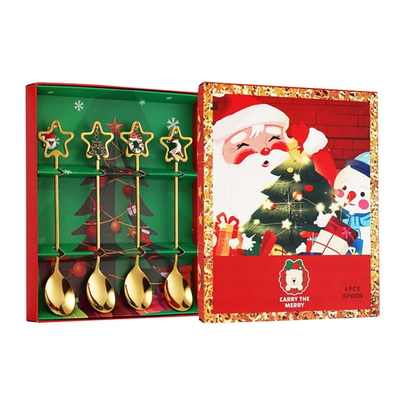 Christmas Spoon Stainless Steel Christmas Tree Tea Spoon for Home, Xmas Coffee Spoon Dinner Forks Dessert Spoon Stirring Spoon Ice Cream Spoon, Christmas Gold Spoon 4-piece Gift Box