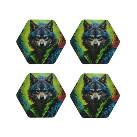 

Coasters Set of 4 - Realistic Style Wolf Warrior Drink Coasters for Tabletop Protection Leather Coasters for Living Room Decor and Housewarming Gift Hexagon