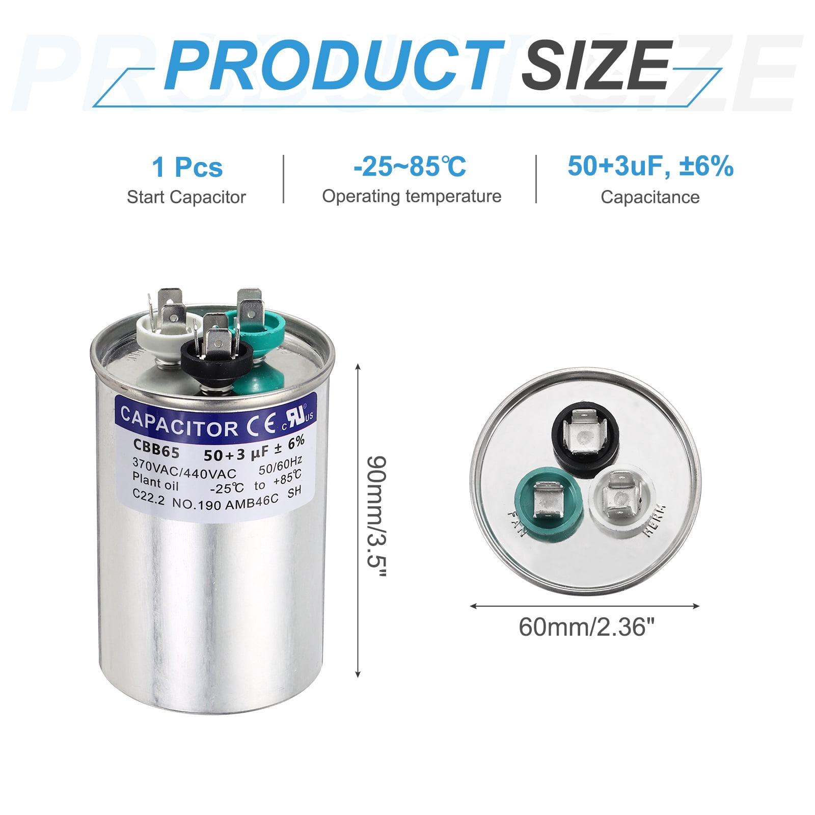 Uxcell 50+3MFD CBB65 Run Start Capacitor 50+3uF, 370/440V Round AC Capacitor for AC Motor Run, HVAC, Air Conditioner, Condenser Motors