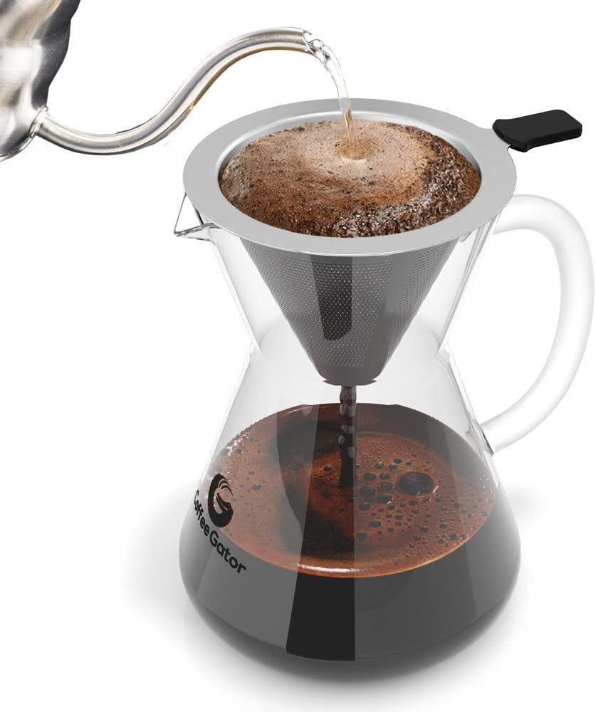  Coffee Gator Pour Over Coffee Maker - 14 oz Paperless,  Portable, Drip Coffee Brewer Pour Over Set w/Glass Carafe & Stainless-Steel  Mesh Filter, 400ml Clear : Home & Kitchen
