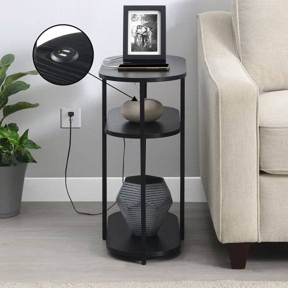 Designs2Go Simon Three-Tier Oval Chairside End Table w/USB Ports in Black Wood