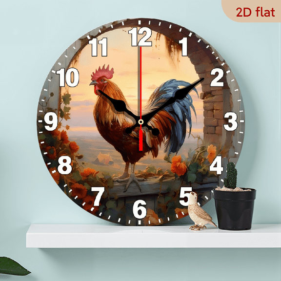 A 10-inch 2D flat "Stately Rooster" themed wooden circular wall clock, suitable for decoration in bedrooms, living rooms and offices. It is an ideal gift for Christmas and New Year.