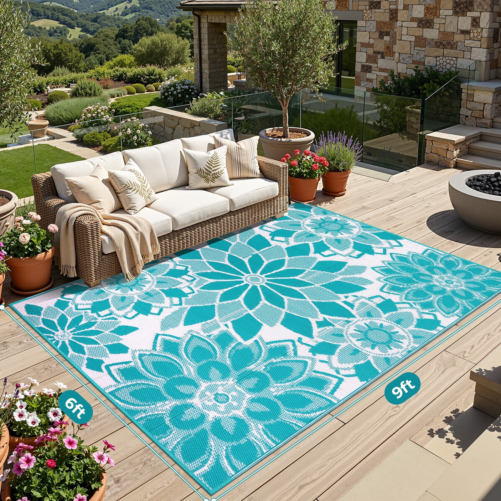 Findosom 6'x9' Outdoor Rug Patios Rug Waterproof RV Outdoor Rug Camping Rugs Reversible Plastic Straw Rug Large Outdoor Mat Outdoor Area Rug for Camping,Balcony Apartment,Patio,Picnic,Beach Teal