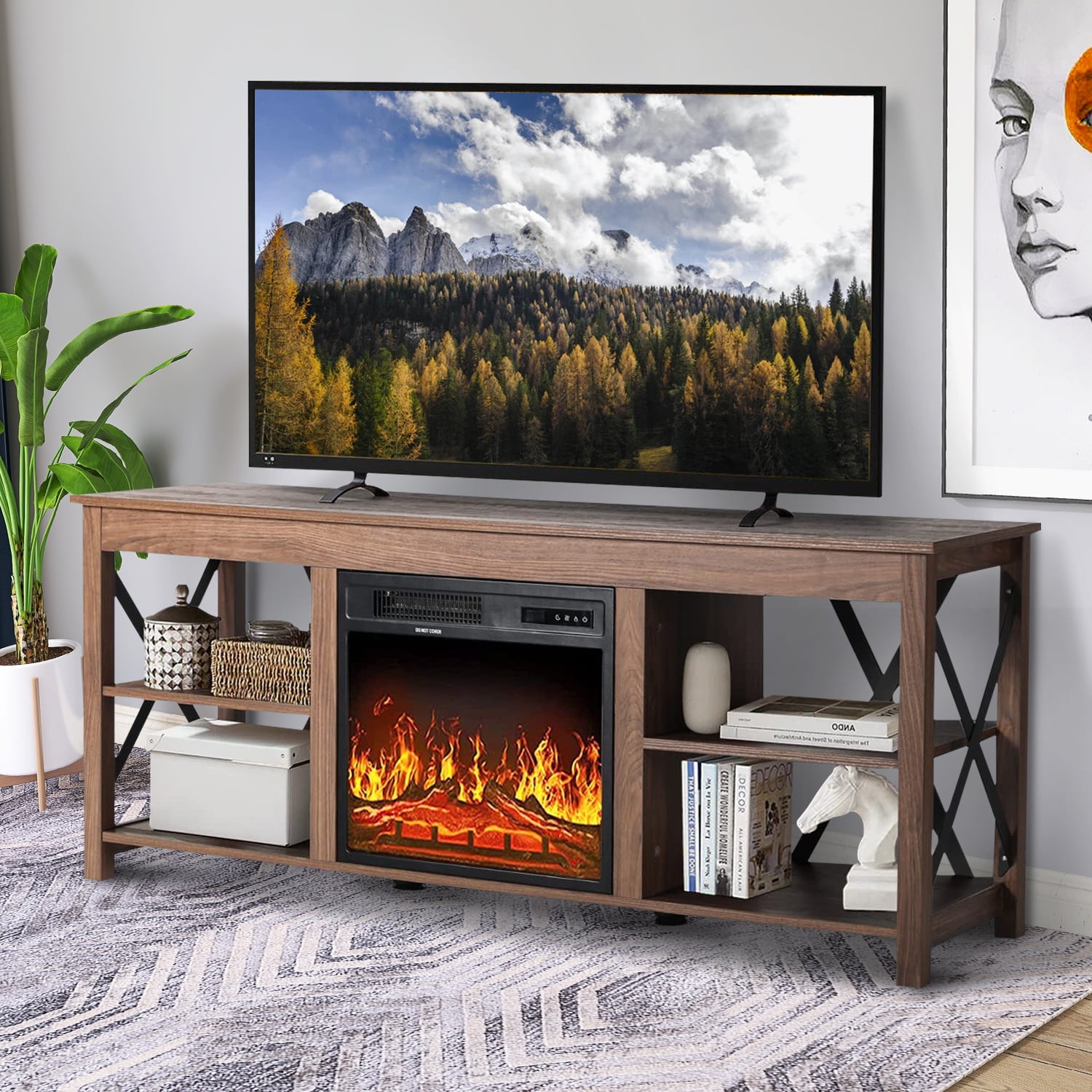 Buy ENSTVER Industrial Farmhouse Electric Fireplace TV Stand, with