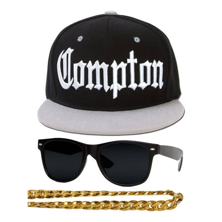 Compton 80s Rapper Costume Kit - Flat Bill Hat + Sunglases + Chain Necklace