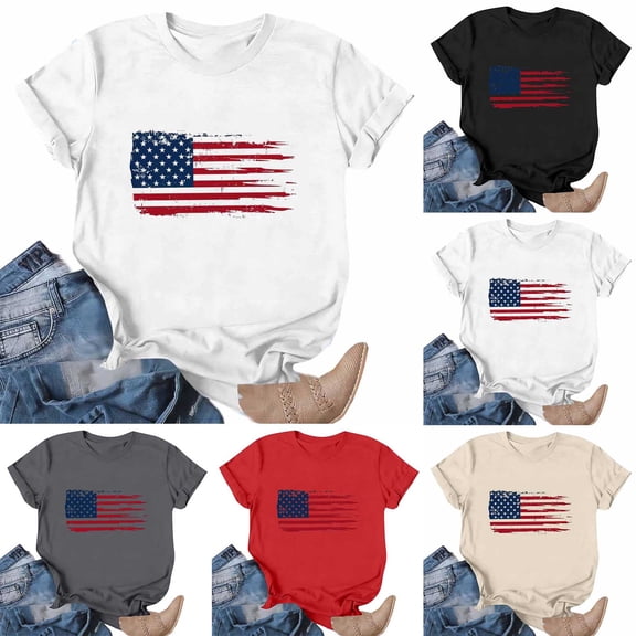 Goodtrade8 Summer Tops for Women Short Sleeve USA Years Anniversary Pullover July 4th Crew Neck Red White and Blue Casual Fashion American Flag Womens Shirts Graphic