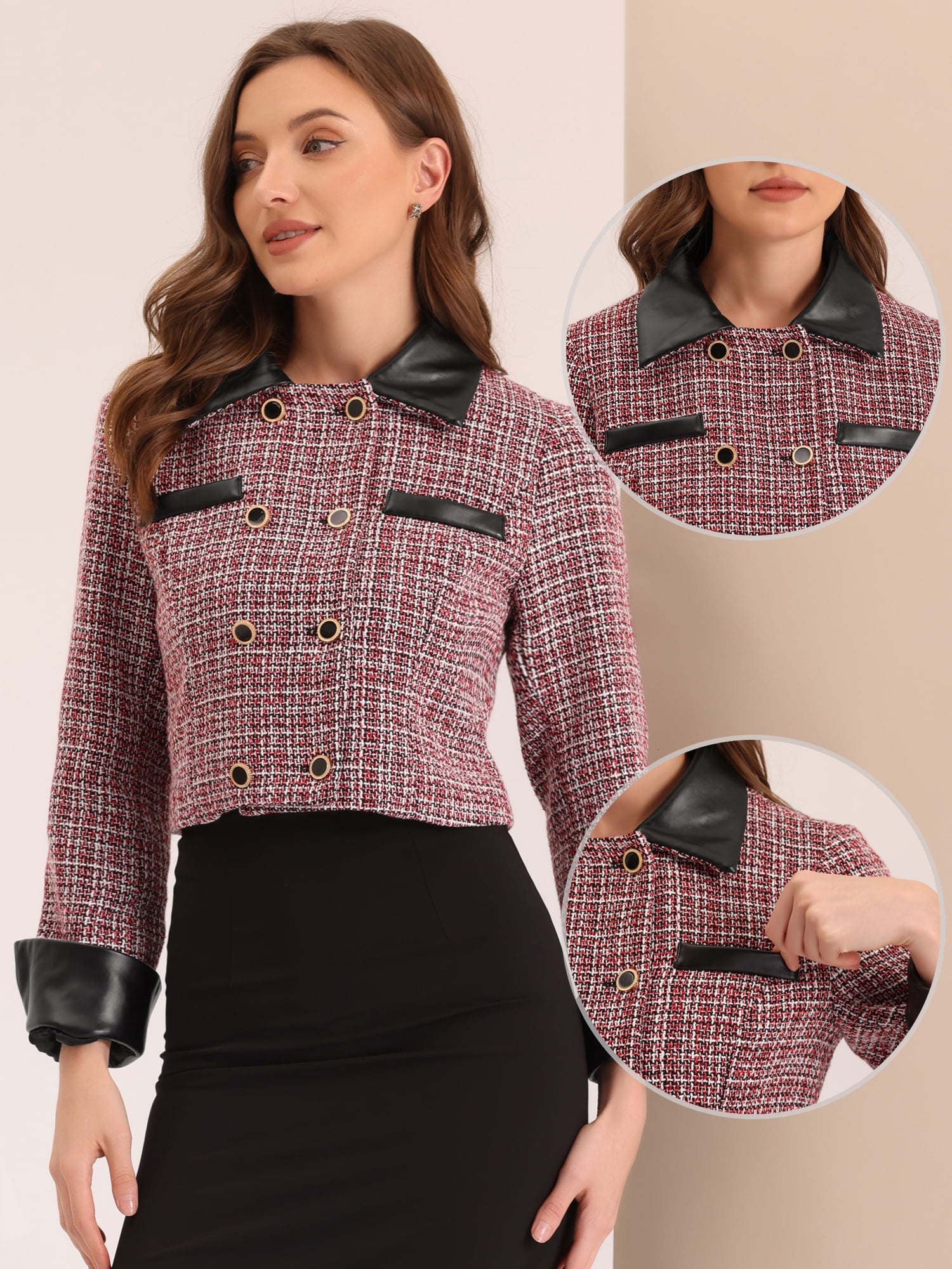 DARING DIVA Women's Lapel Collar Vintage Plaid Tweed Cropped Jackets Blazer XS Red