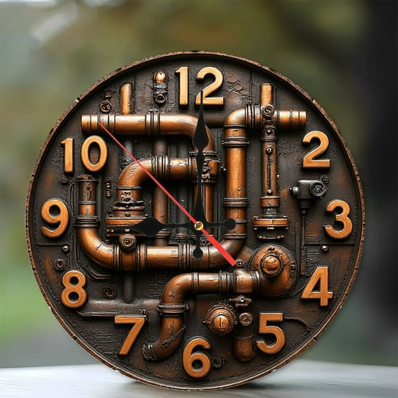 Steampunk Pipe Clock Wall Decor 10-Inch Silent Wooden Wall Clock, Battery Operated (AA Batteries Not Included), Artistic Home Decor