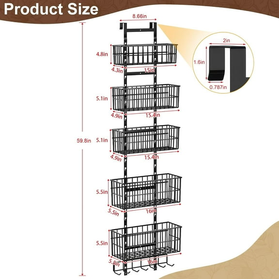 YUYAN-Adjustable Over The Door Organizer, Metal Hanging Door Organizer with 5 Wire Basket 7 Hooks, Wall Mounted Shelf for Pantry Laundry Organization and Storage, Black