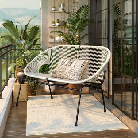 Aspen Modern Outdoor Patio Basket Loveseat, Hammock Weave Design, Metal Frame, White